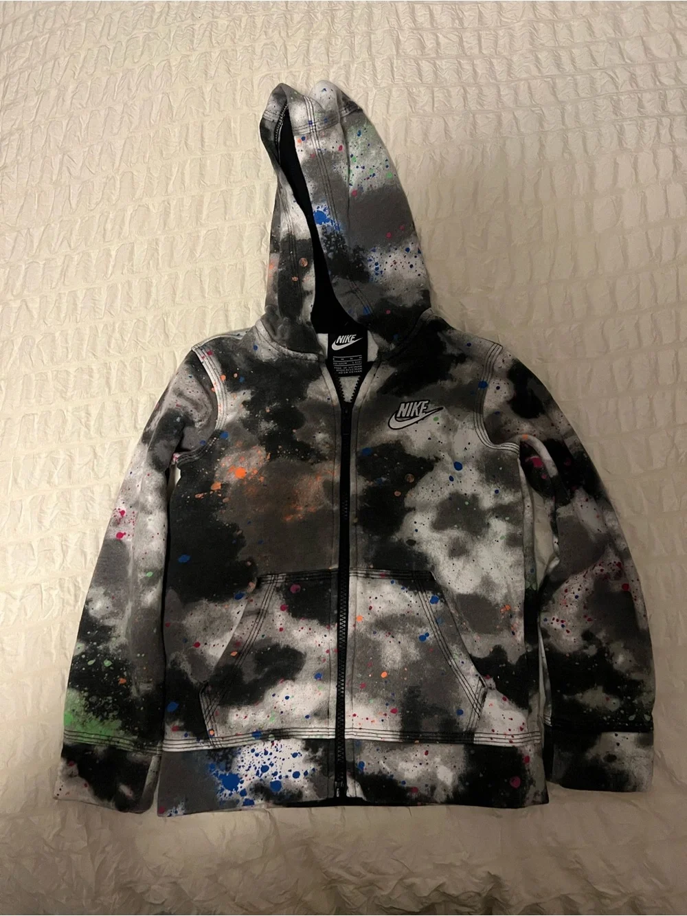 Nike Fleece Hoodie Boy 5-6 Multi Splatter Print Swoosh Logo Full Zip Long Sleeve